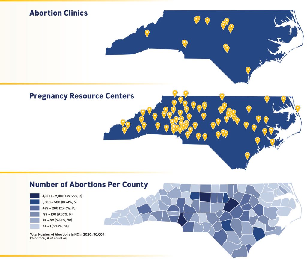 Abortion Rates and Pregnancy Resource Centers in North Carolina noted by county