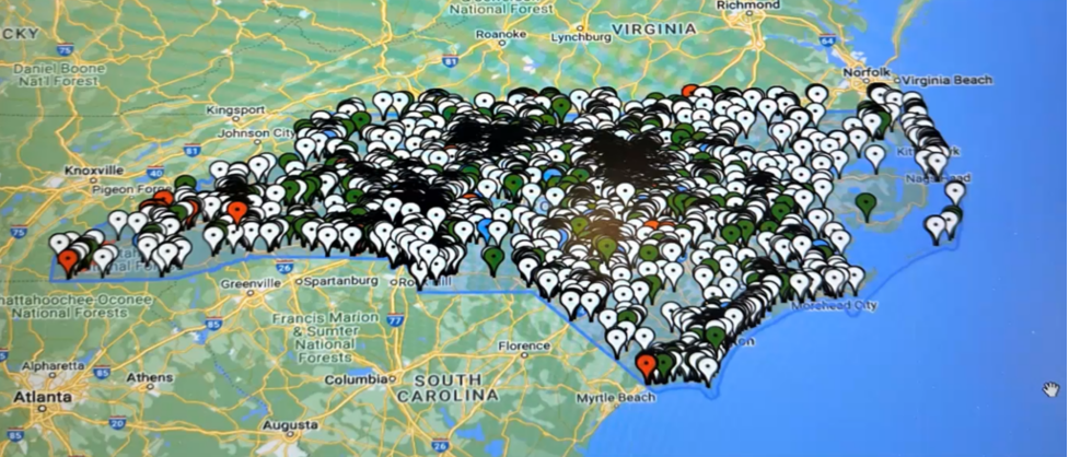 Map of North Carolina with Pins Representing locations where people placed a bet